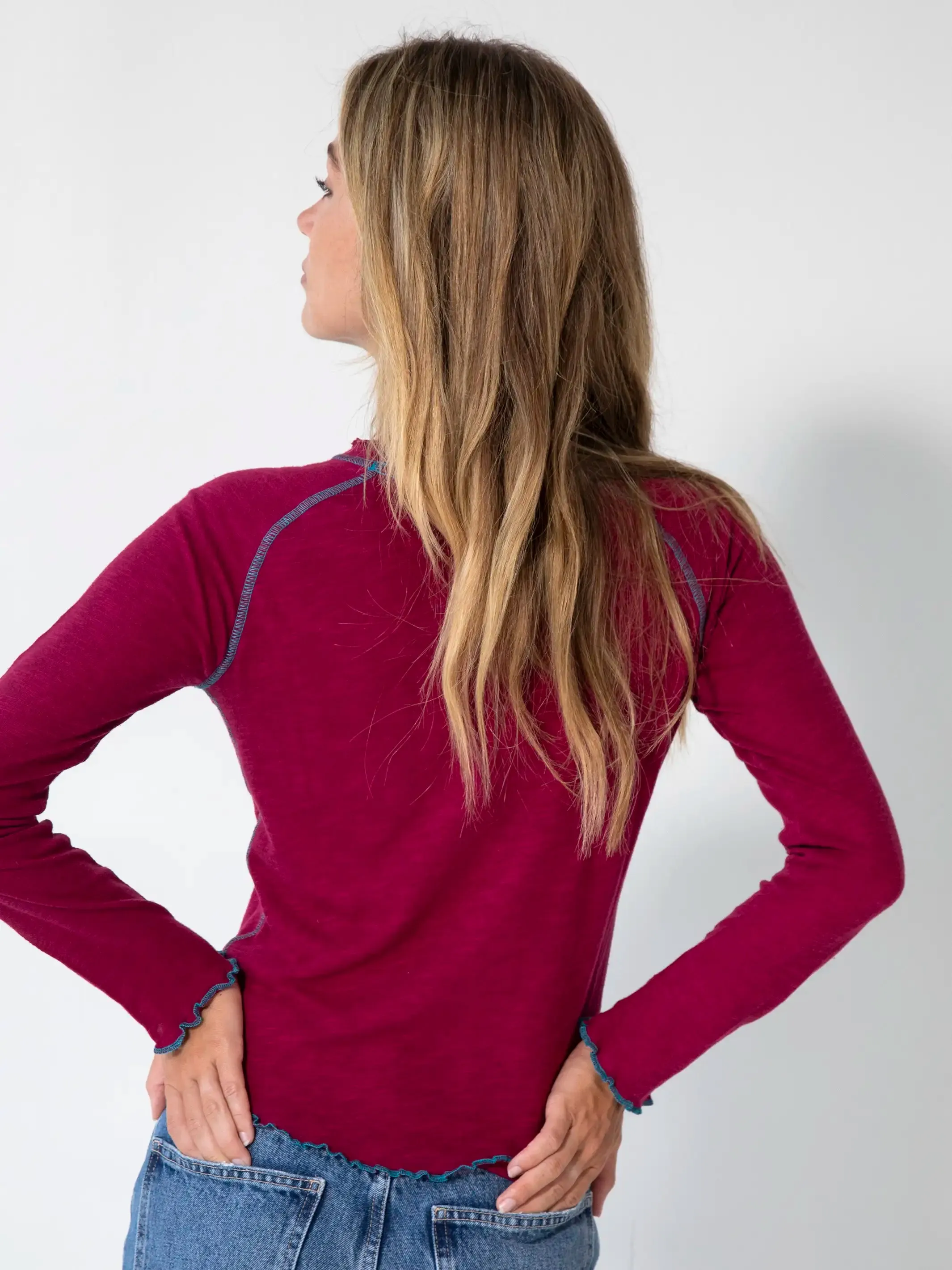 Lily Knit Cotton Long Sleeve Tee Shirt - Cranberry