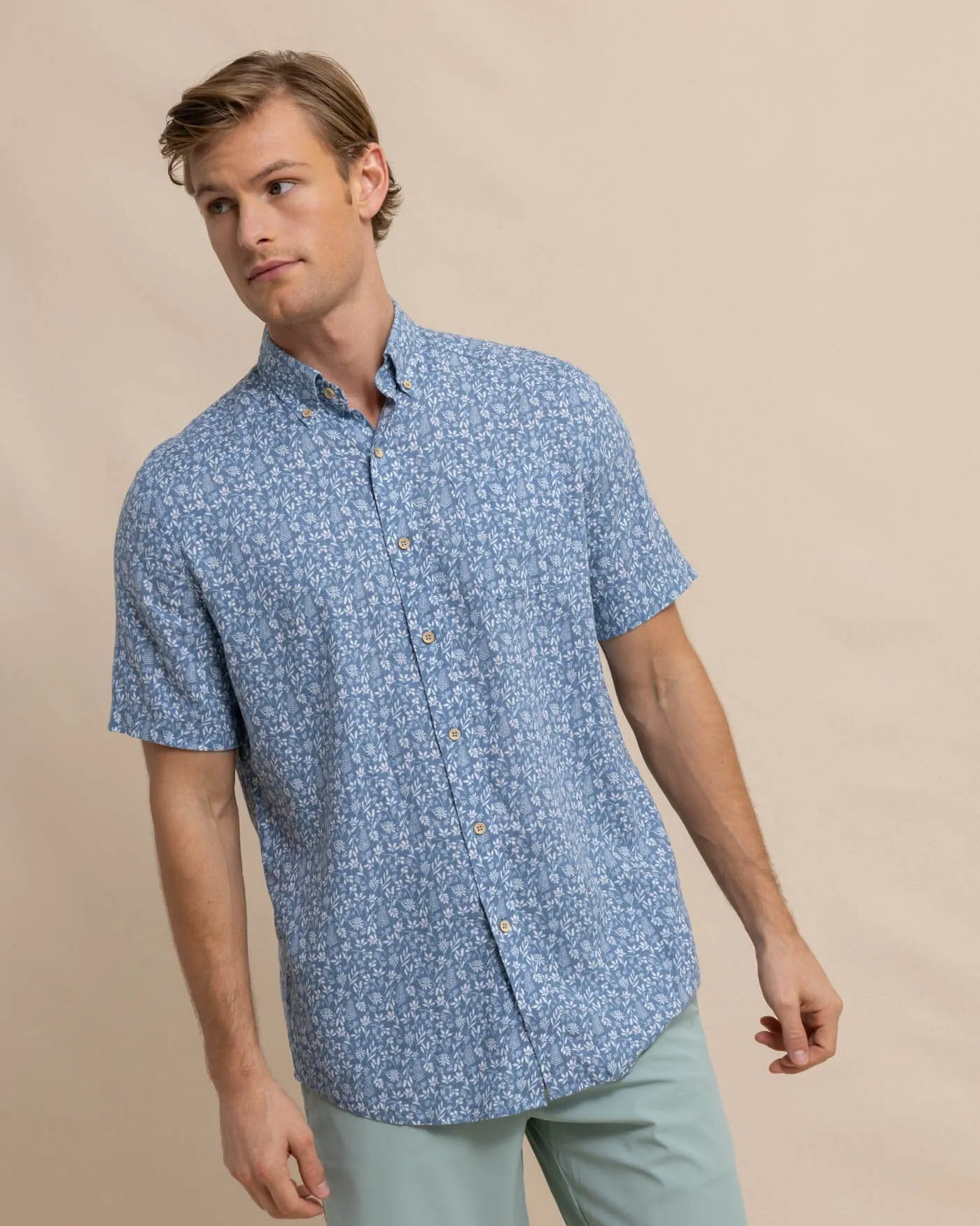 Linen Rayon Ditzy Floral Short Sleeve Sport Shirt