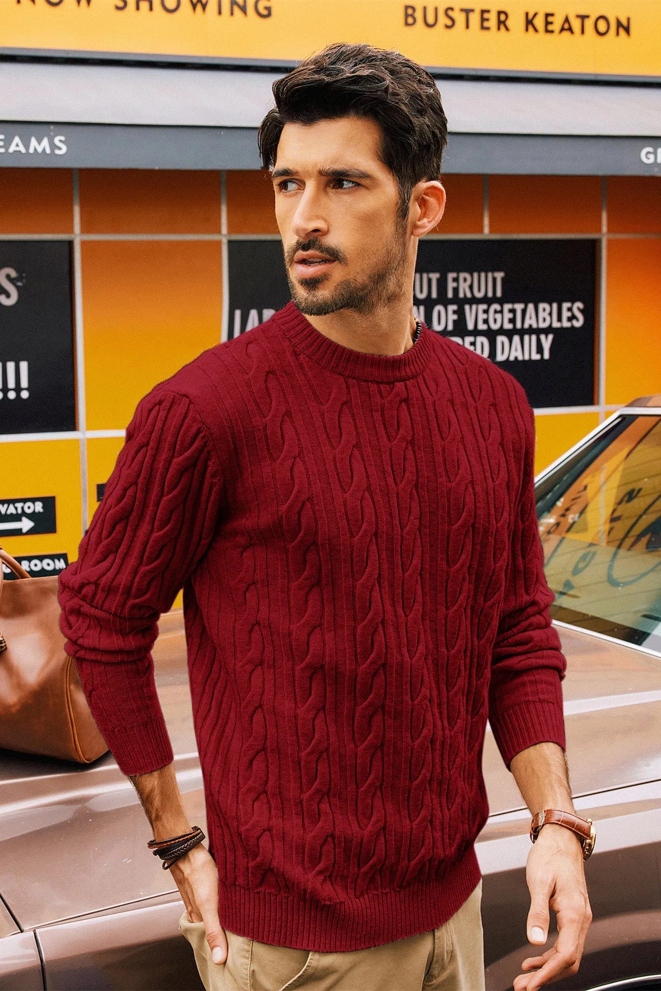 Men Cable Knitted Sweater Long Sleeve Crew Neck Ribbed Cuff Pullover