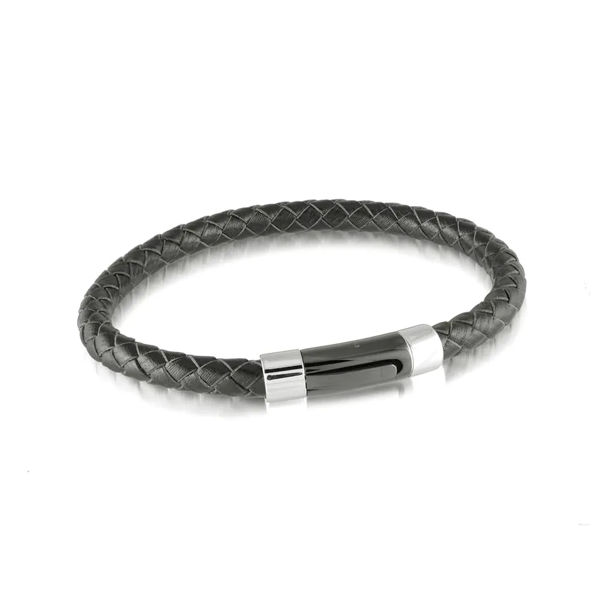 MEN'S BLACK LEATHER AND STAINLESS STEEL BRACELET