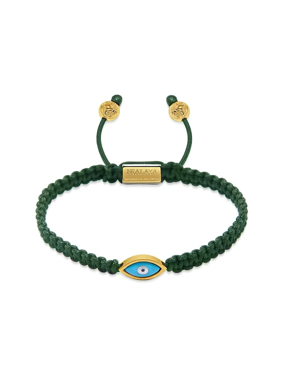 Men's Dark Green String Bracelet with Gold Evil Eye