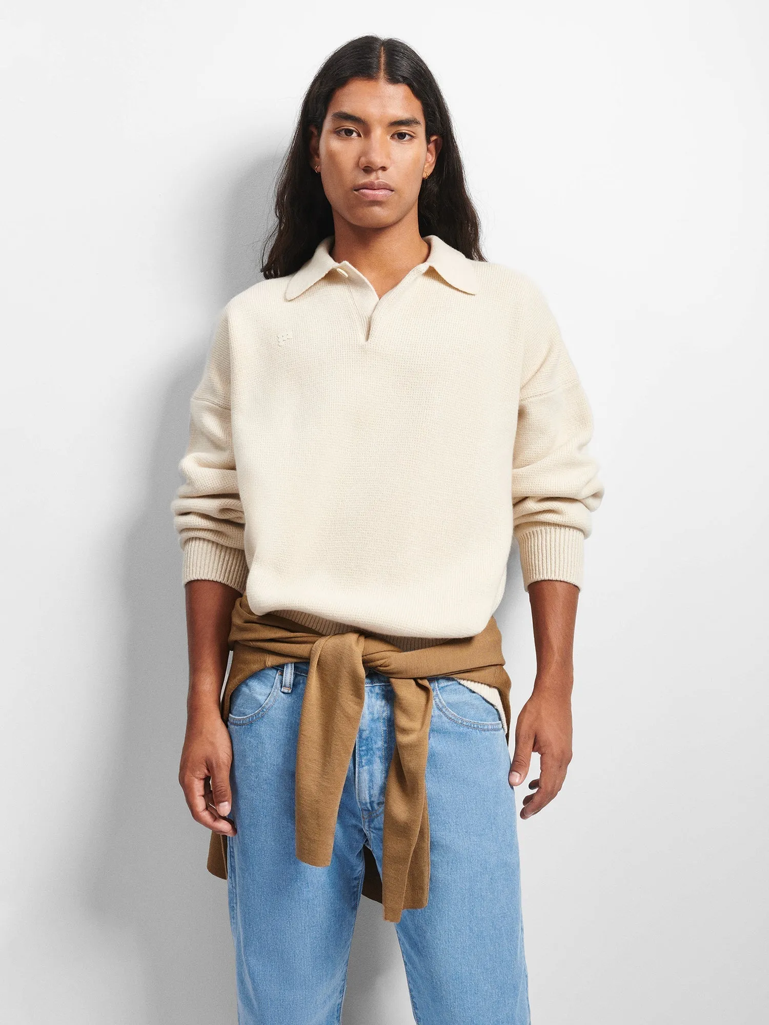 Mens Recycled Cashmere Polo Sweater—ecru ivory