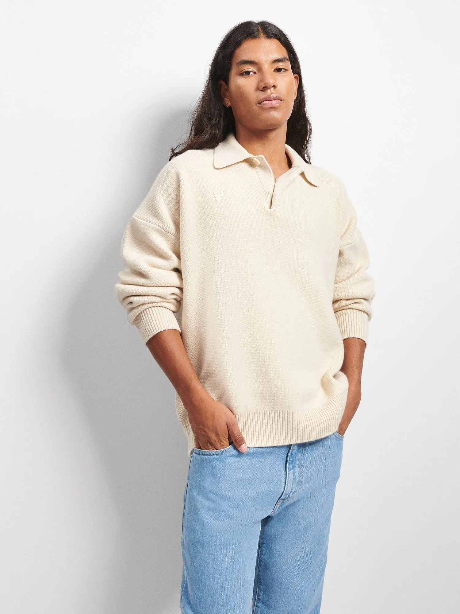 Mens Recycled Cashmere Polo Sweater—ecru ivory