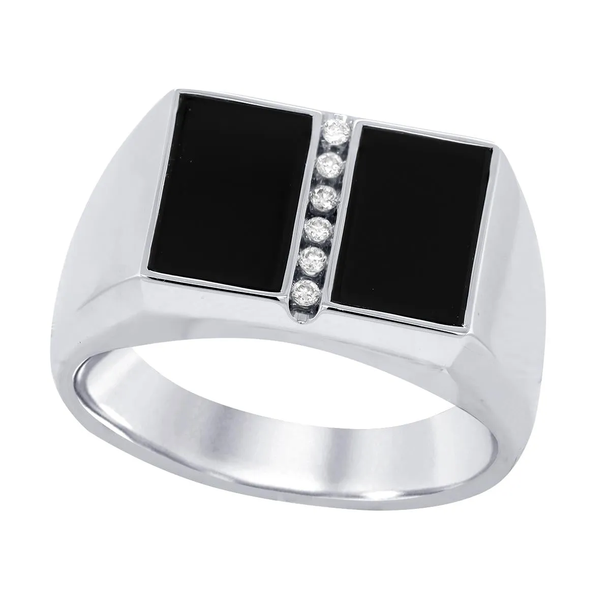 MEN'S WHITE GOLD RING WITH ROUND CUT DIAMONDS AND BLACK AGATE, .06 CT TW