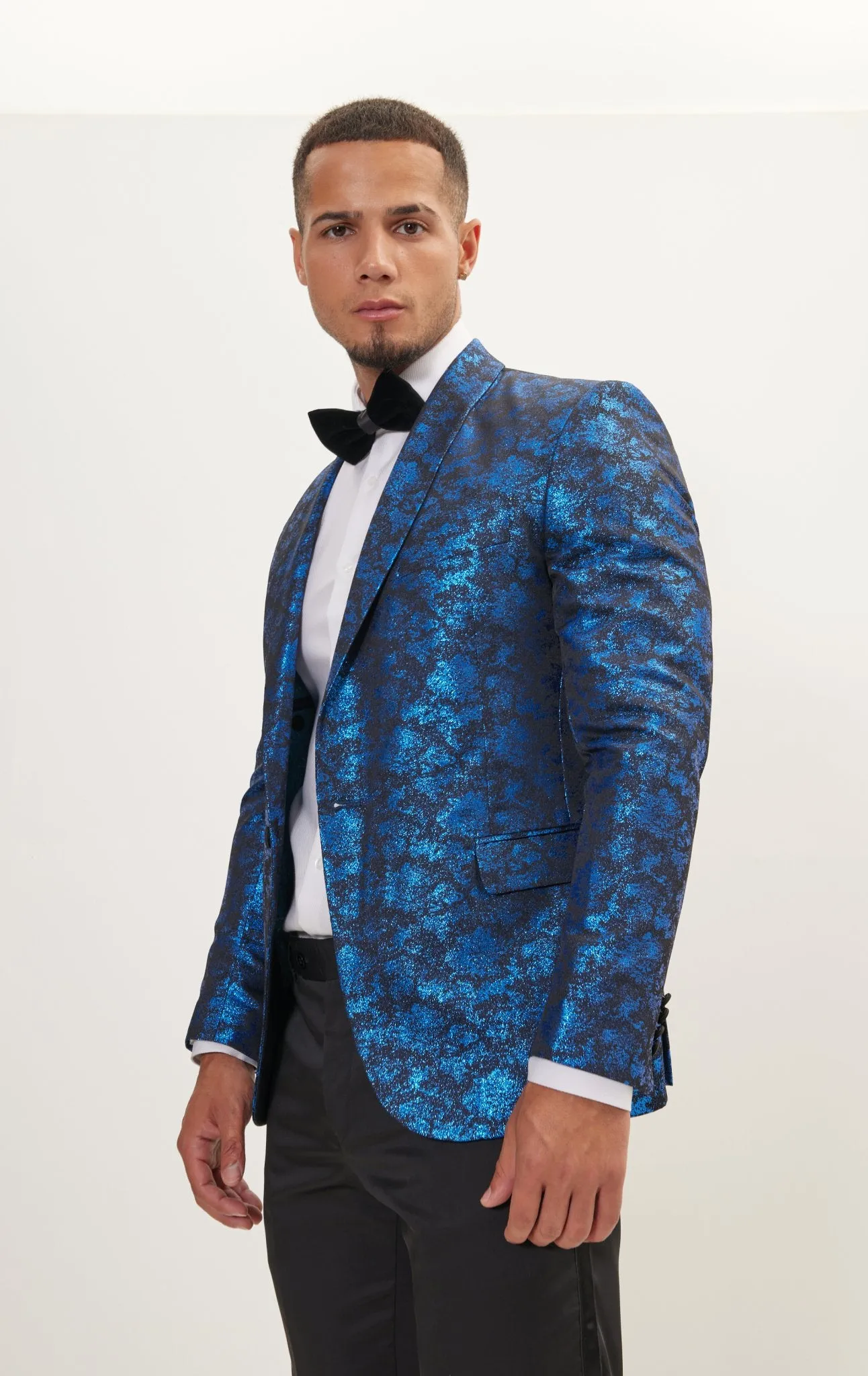 Metallic Foil Shimmer Tuxedo Jacket - Cobalt Blue