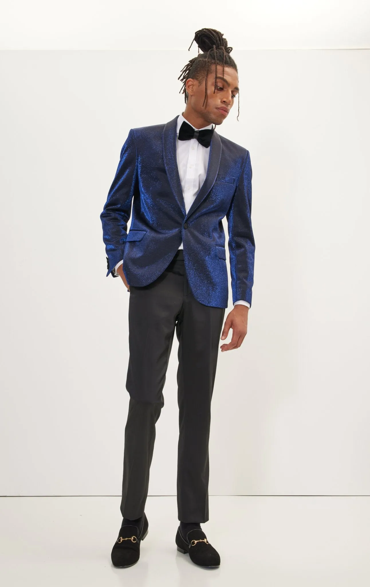 Metallic Sparkle Shawl Lapel Tuxedo Jacket - Electric Blue