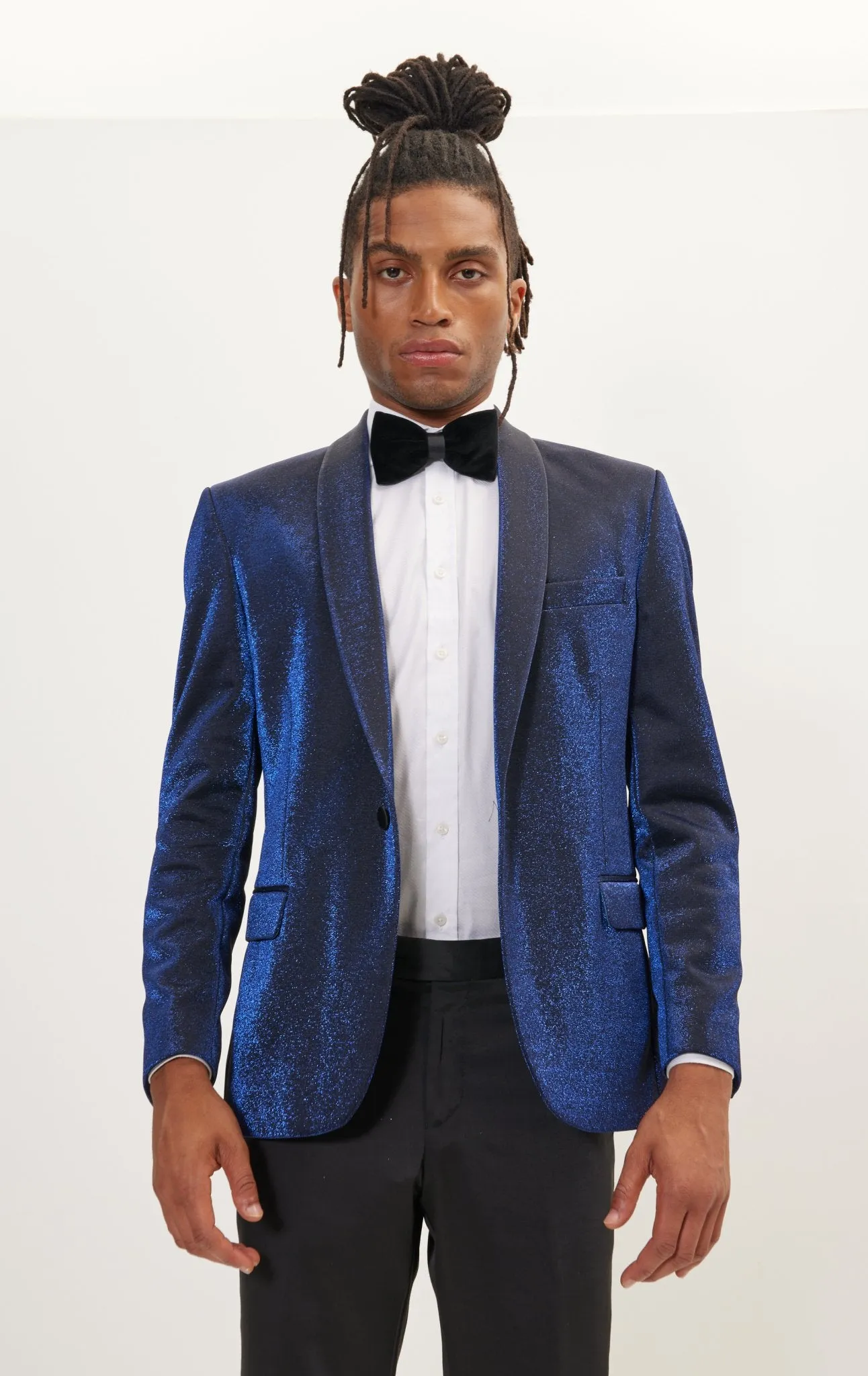 Metallic Sparkle Shawl Lapel Tuxedo Jacket - Electric Blue