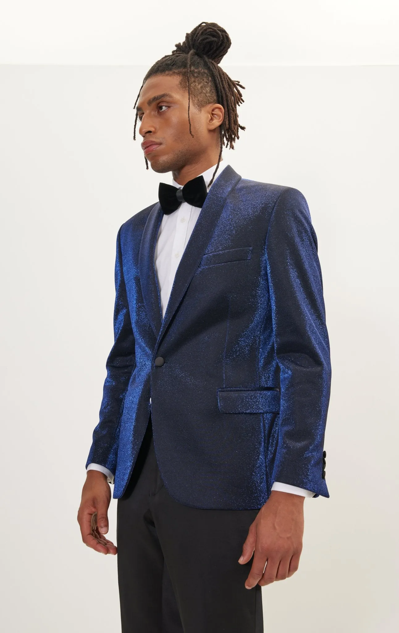 Metallic Sparkle Shawl Lapel Tuxedo Jacket - Electric Blue