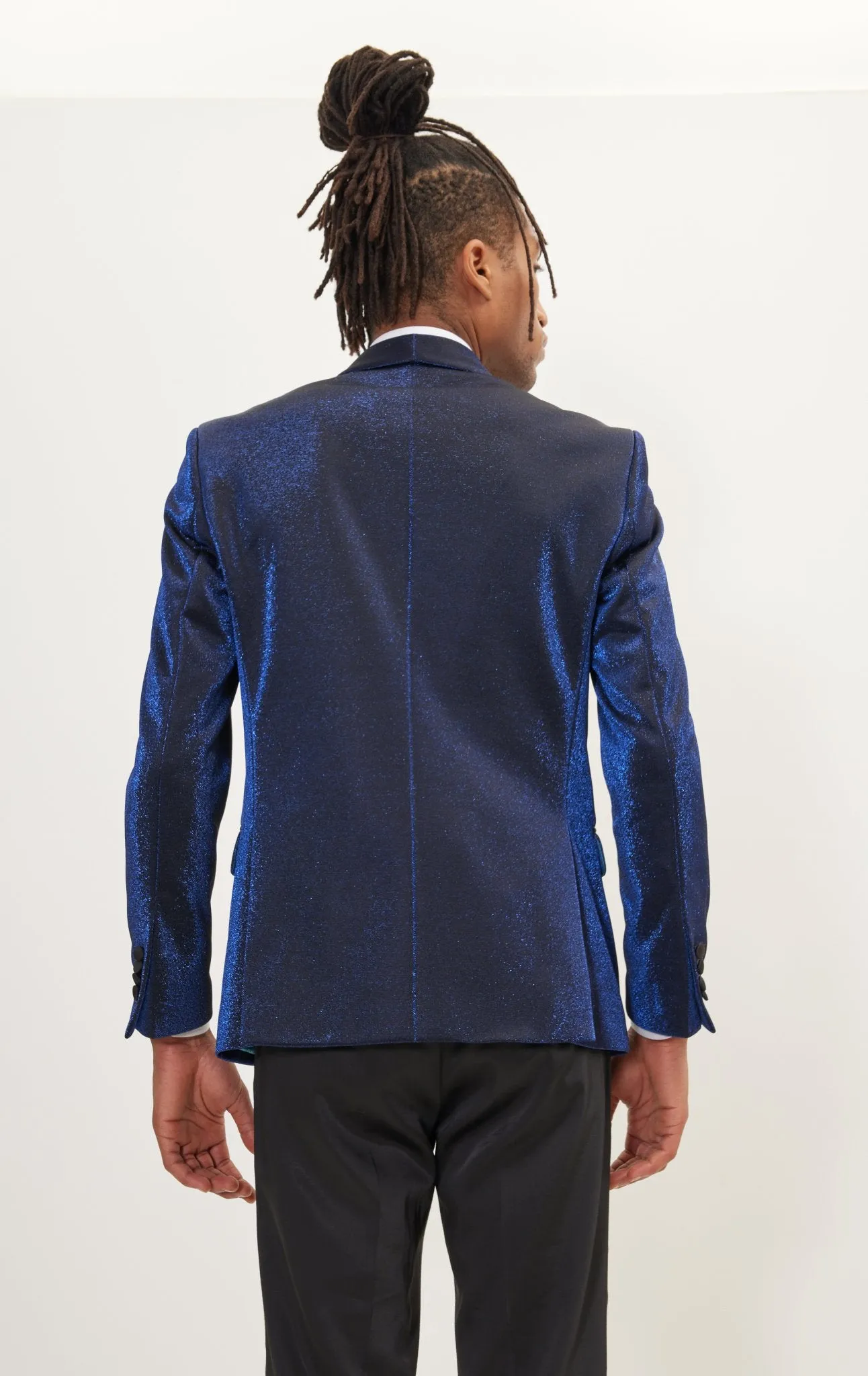 Metallic Sparkle Shawl Lapel Tuxedo Jacket - Electric Blue