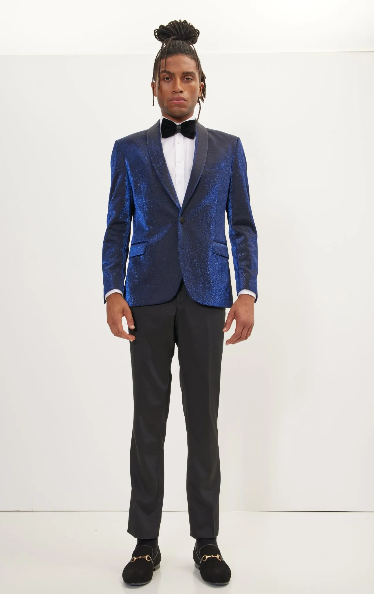 Metallic Sparkle Shawl Lapel Tuxedo Jacket - Electric Blue