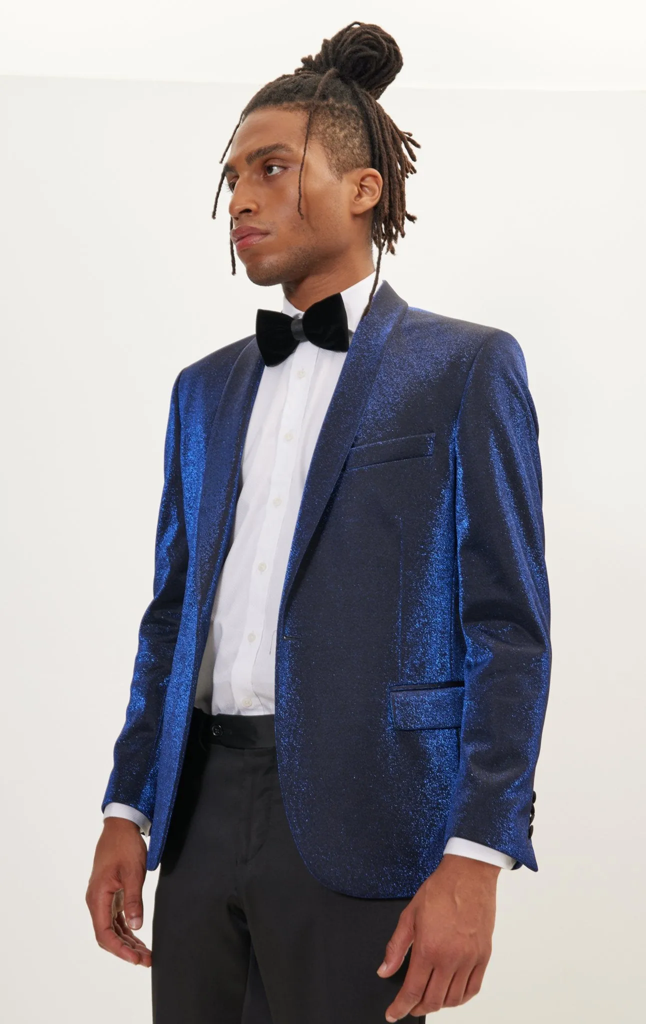 Metallic Sparkle Shawl Lapel Tuxedo Jacket - Electric Blue