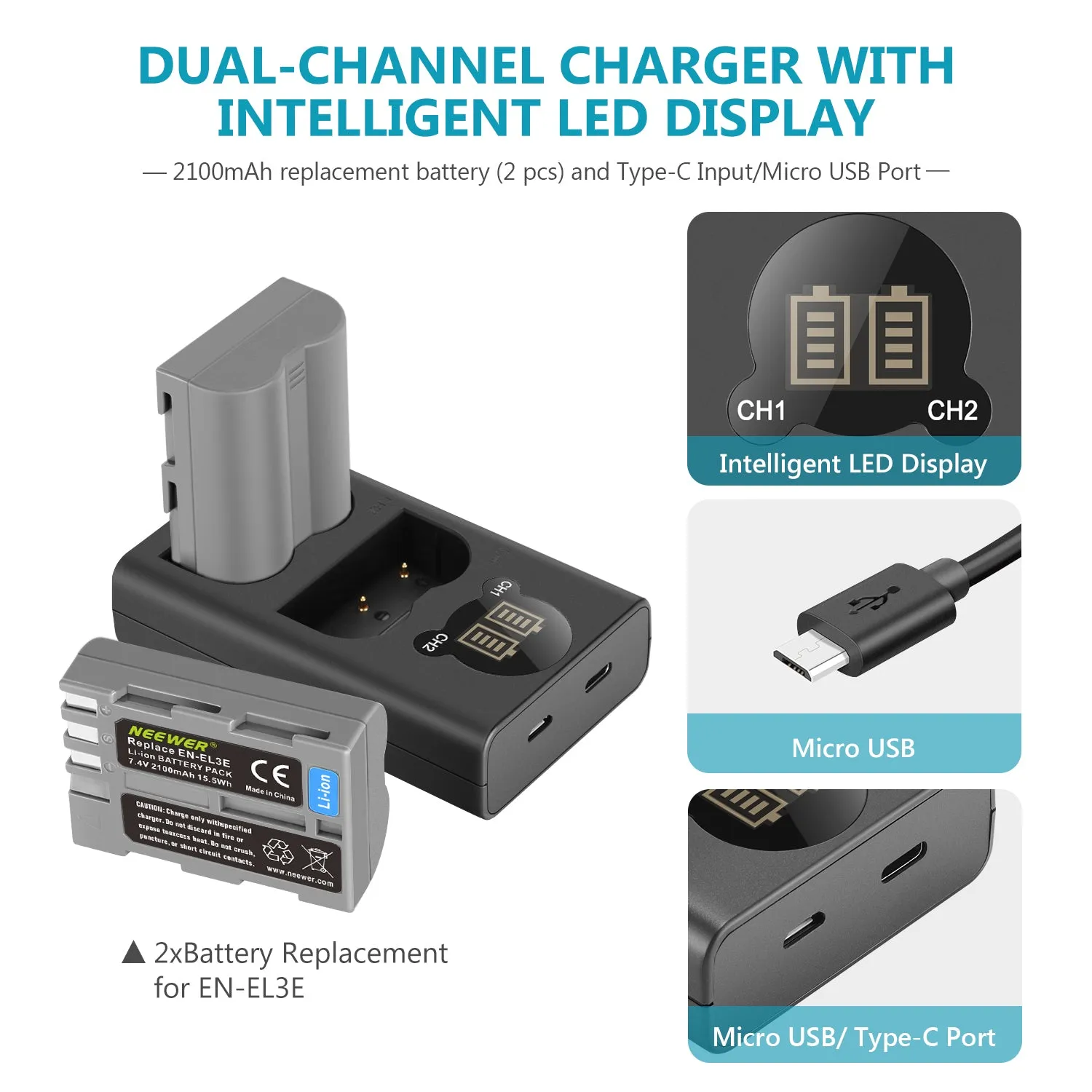 NEEWER 2 Pack EN-EL3E Nikon Replacement Battery Charger Set