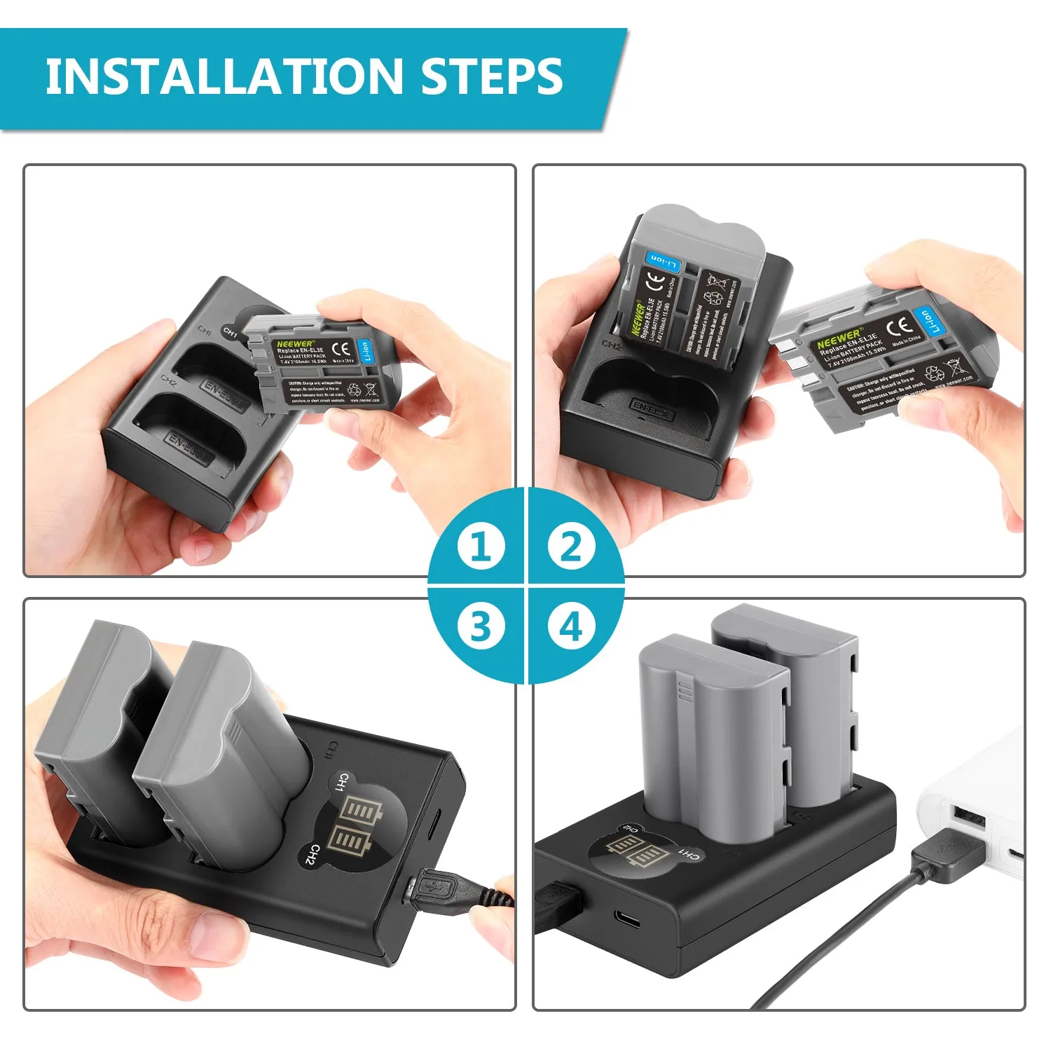 NEEWER 2 Pack EN-EL3E Nikon Replacement Battery Charger Set
