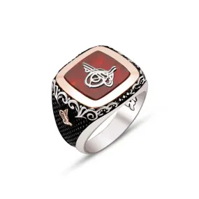 Ottoman Tughra on Red Agate Stone Square Silver Men’s Ring Siding Bush Pattern and Ottoman Tughra