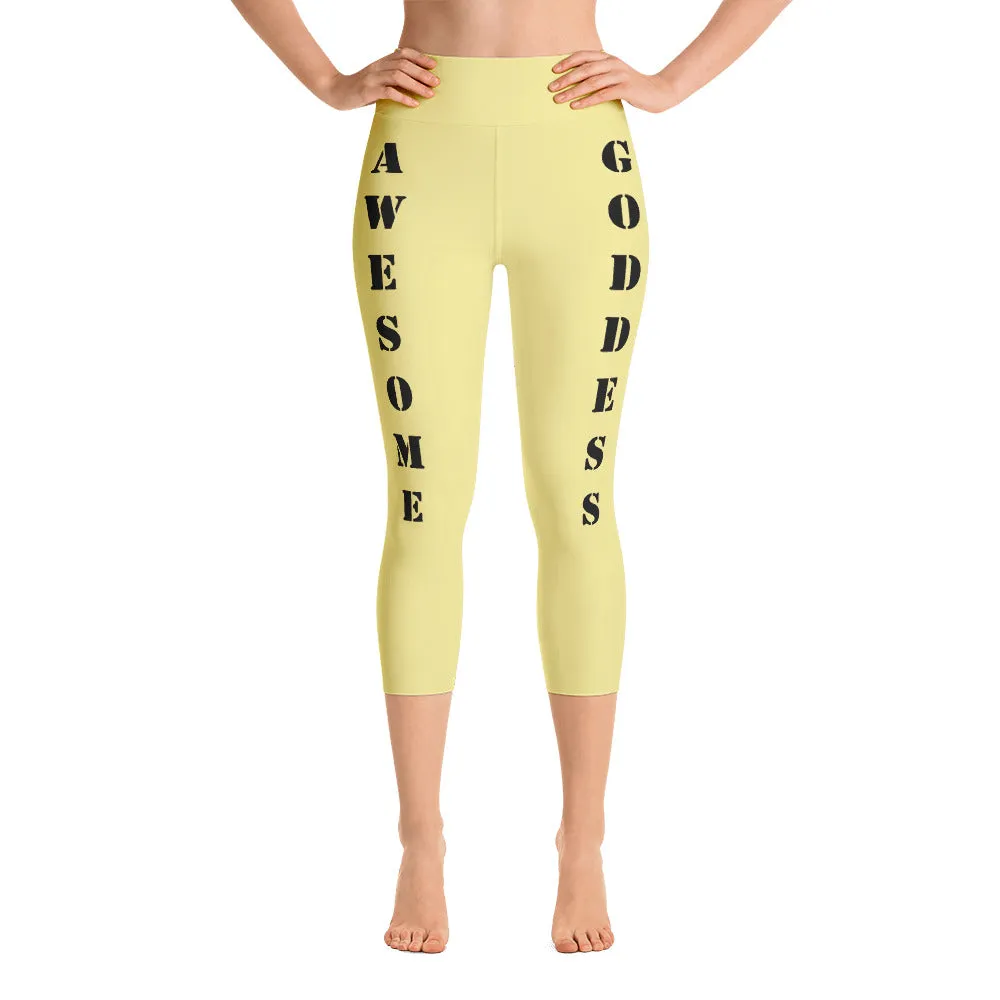 Our best viral leggings pale yellow awesome goddess black letters