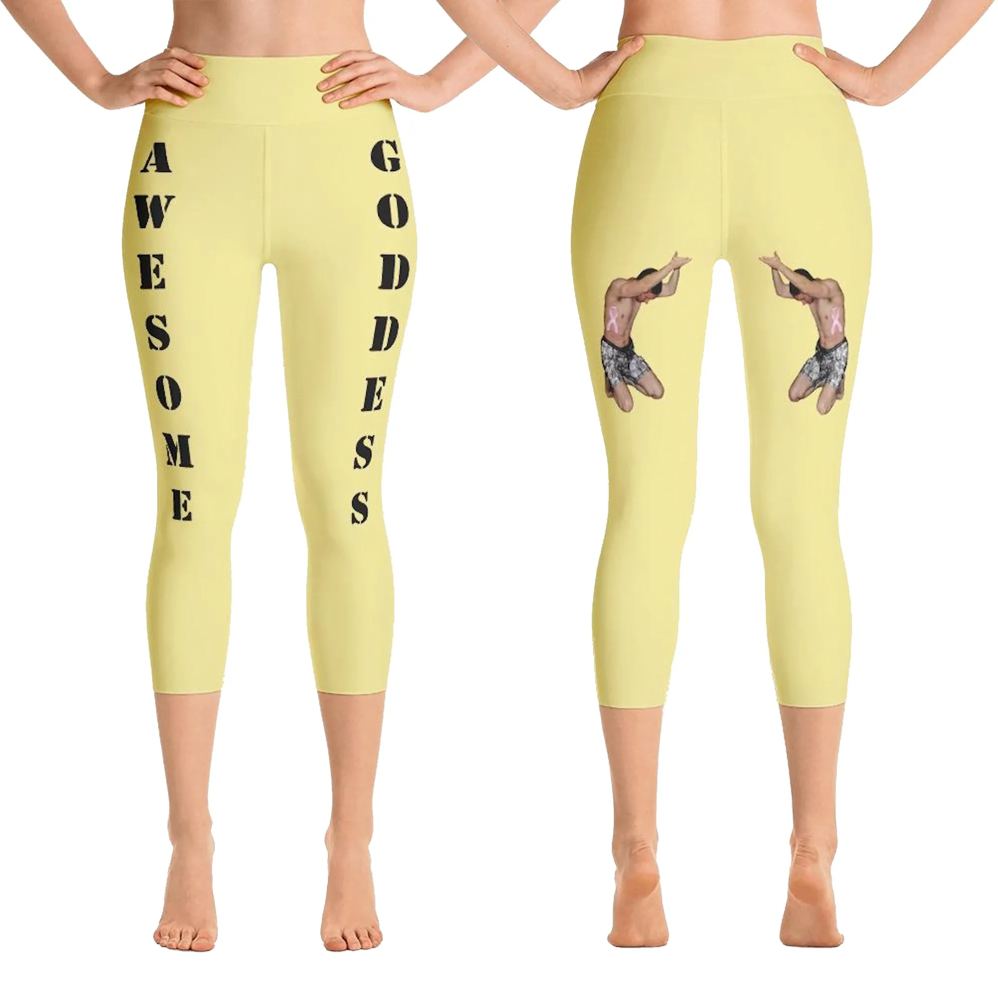 Our best viral leggings pale yellow awesome goddess black letters