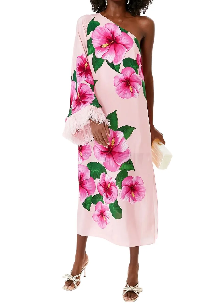 Pink Audrey One Shoulder Big Floral Print Dress