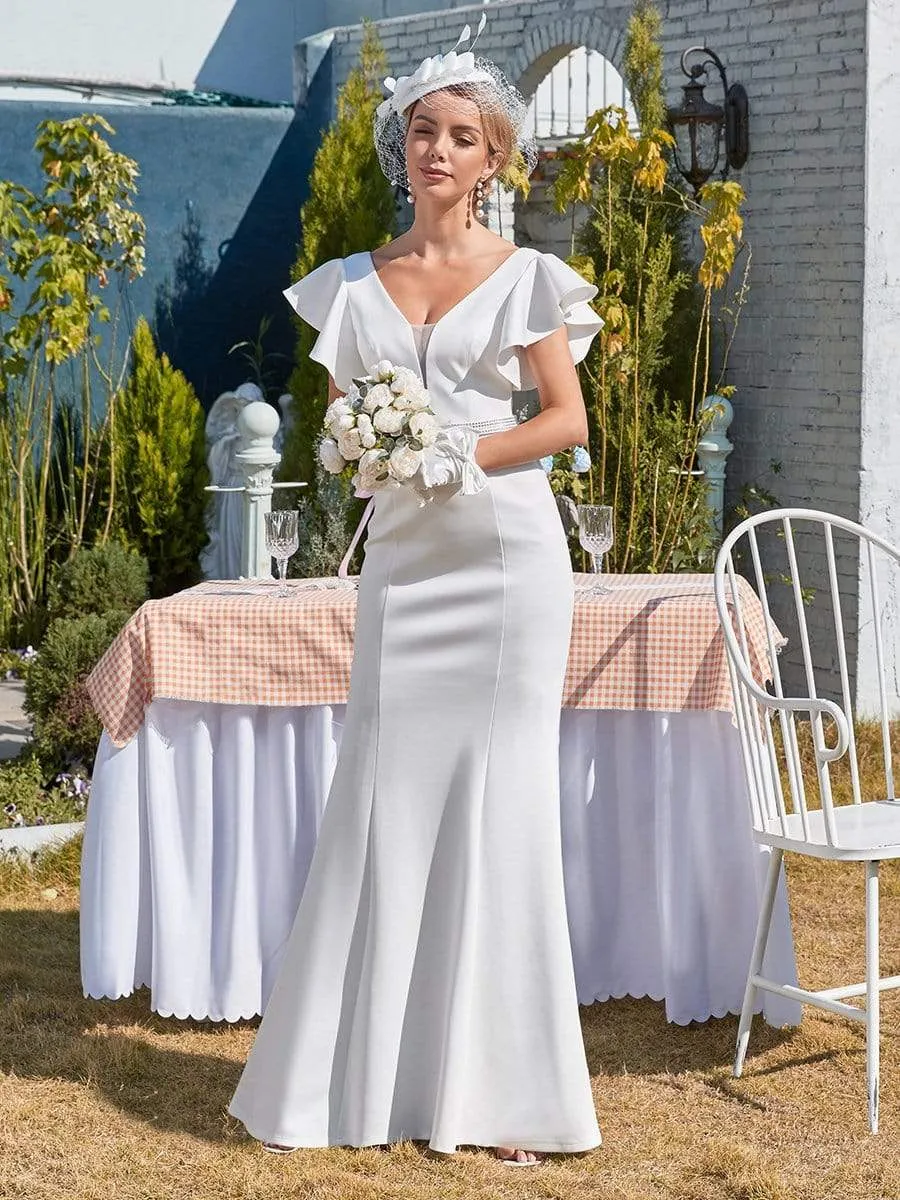 Plain Maxi Fishtail Wholesale Wedding Dress with Ruffle Sleeves