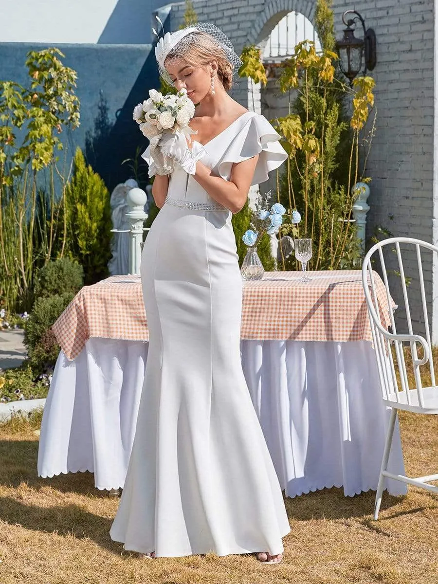 Plain Maxi Fishtail Wholesale Wedding Dress with Ruffle Sleeves