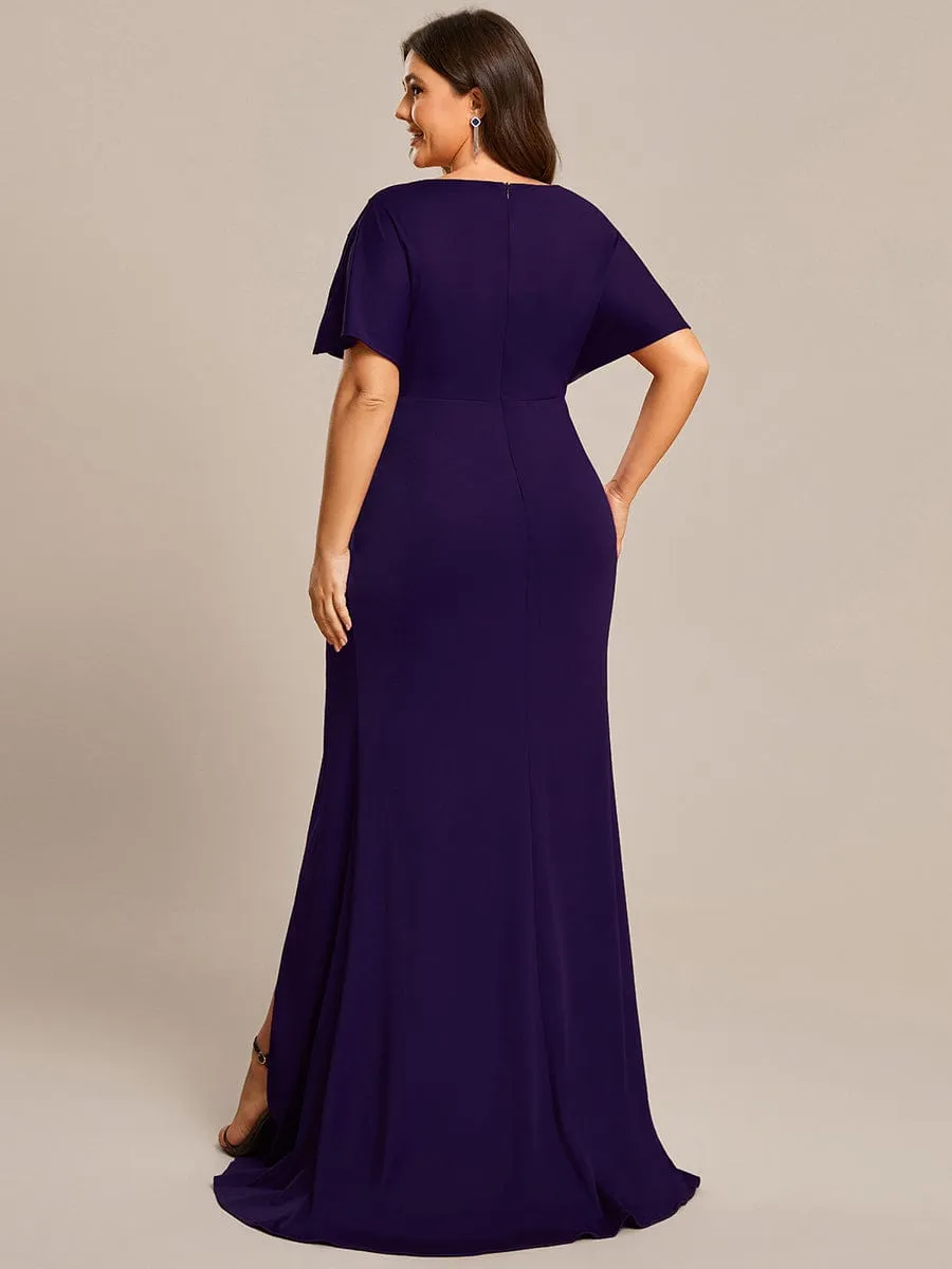 Pleated High Slit Hollow Out Sequin Sleeve V-Neck Formal Evening Dress