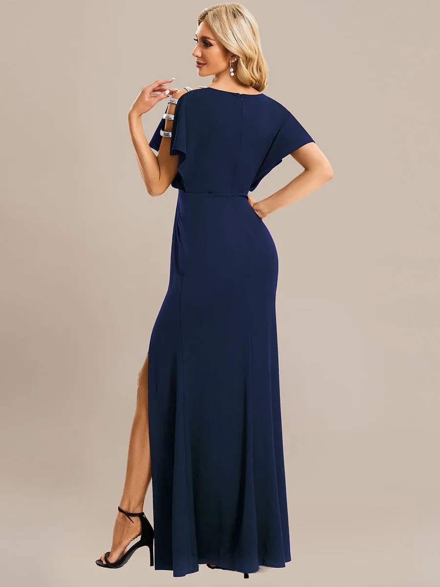 Pleated High Slit Hollow Out Sequin Sleeve V-Neck Formal Evening Dress