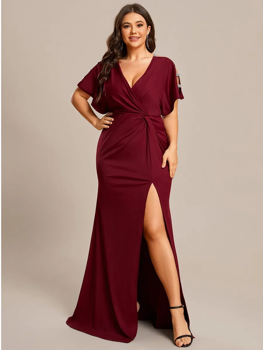 Pleated High Slit Hollow Out Sequin Sleeve V-Neck Formal Evening Dress