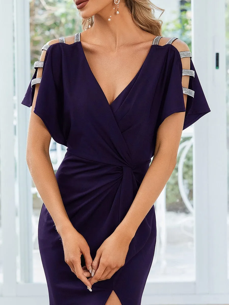 Pleated High Slit Hollow Out Sequin Sleeve V-Neck Formal Evening Dress