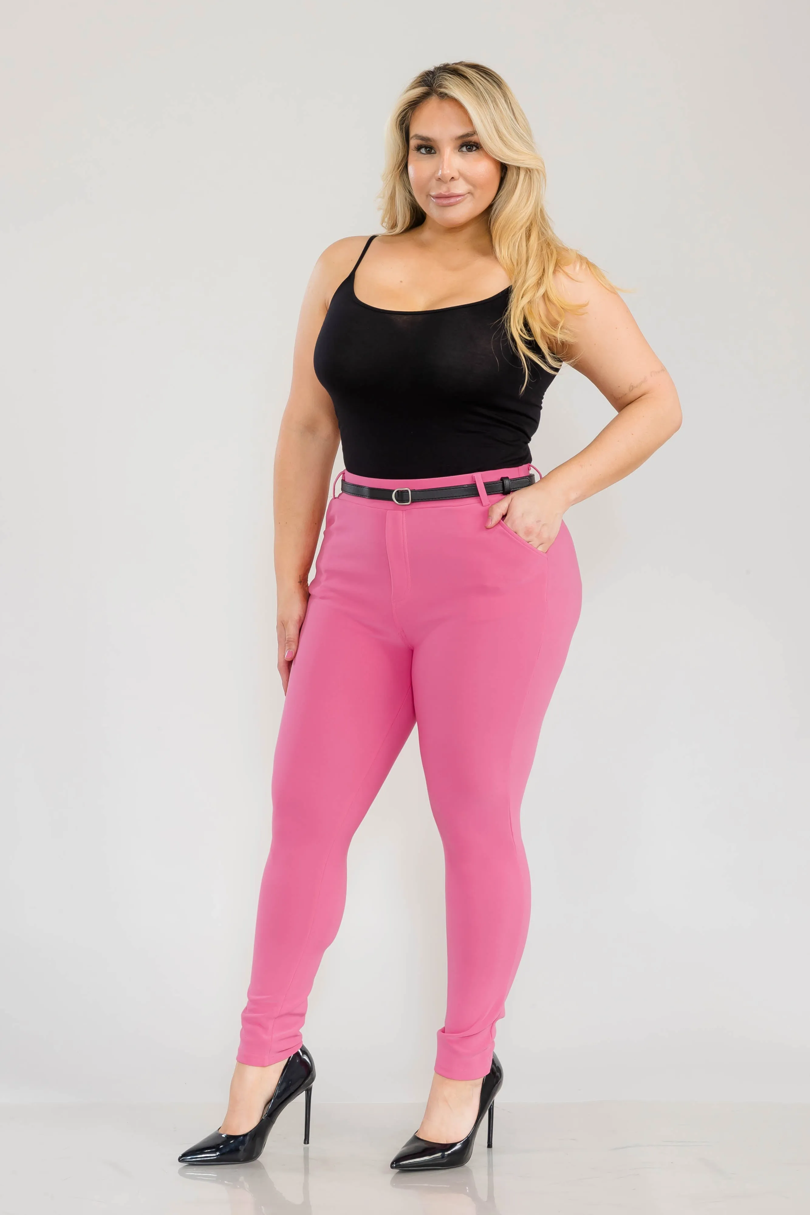 Plus Size Sculpting Treggings With Faux Leather Belt - Sangria Sunset