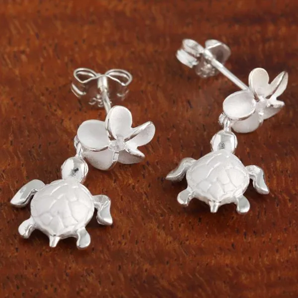 Sterling Silver 10mm Plumeria with CZ and Honu (Hawaiian Turtle) Post Earrings