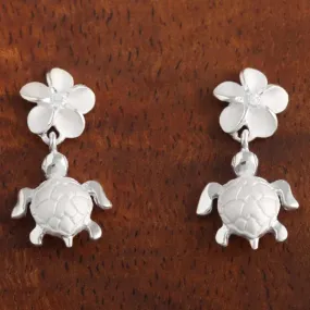 Sterling Silver 10mm Plumeria with CZ and Honu (Hawaiian Turtle) Post Earrings