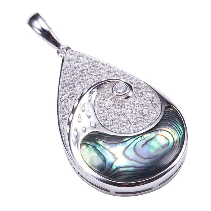 Sterling Silver Abalone Inlaid Wave Pave CZ Teardrop Pendant (Chain Sold Separately)