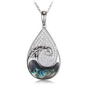 Sterling Silver Abalone Inlaid Wave Pave CZ Teardrop Pendant (Chain Sold Separately)