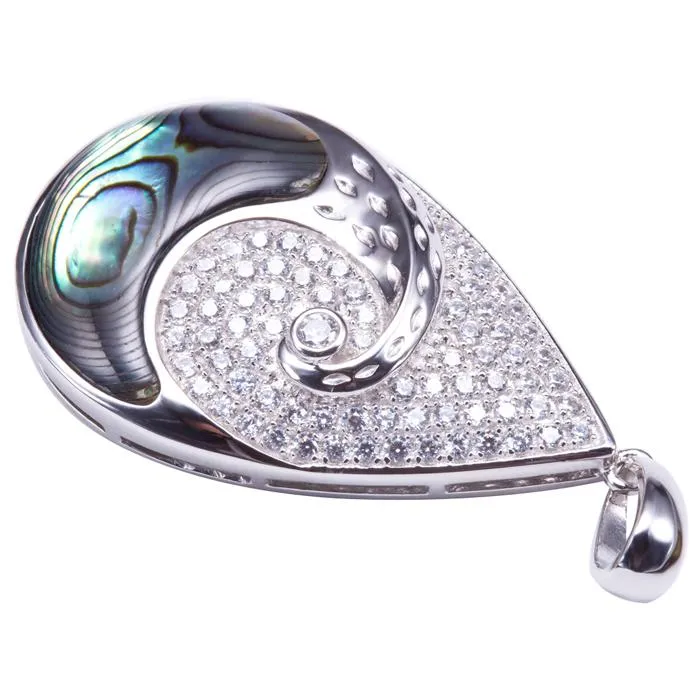 Sterling Silver Abalone Inlaid Wave Pave CZ Teardrop Pendant (Chain Sold Separately)