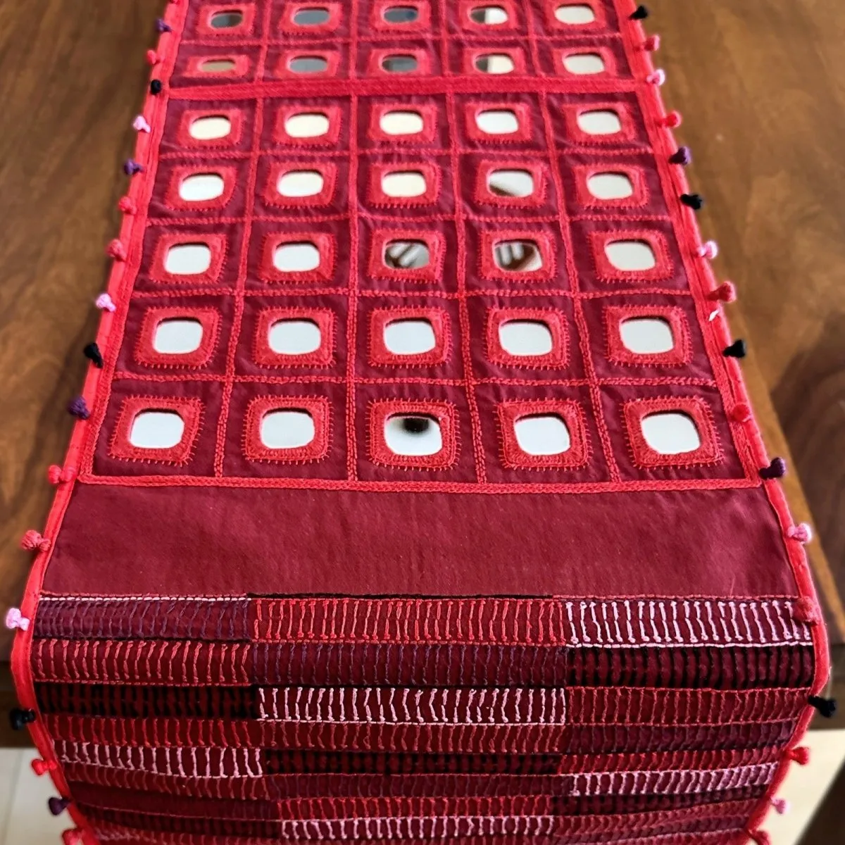 Table Runner In Maroon With Mirror And Threadwork | Eco Friendly Sustainable Embroidered Tableware | Handmade In India