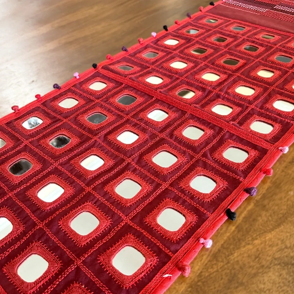 Table Runner In Maroon With Mirror And Threadwork | Eco Friendly Sustainable Embroidered Tableware | Handmade In India