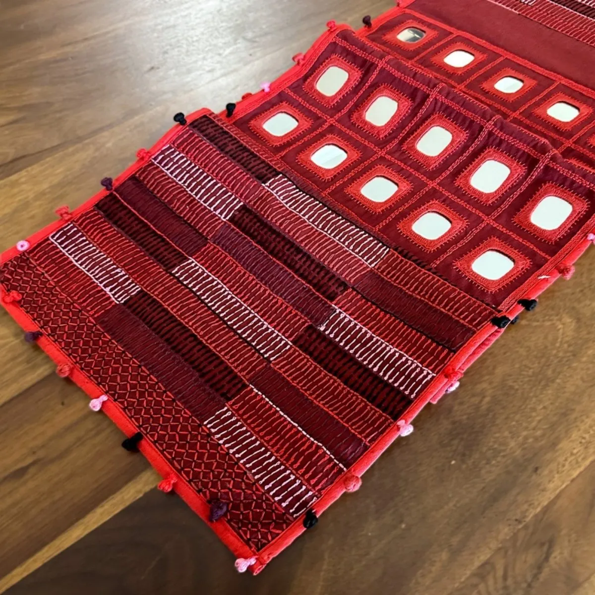 Table Runner In Maroon With Mirror And Threadwork | Eco Friendly Sustainable Embroidered Tableware | Handmade In India