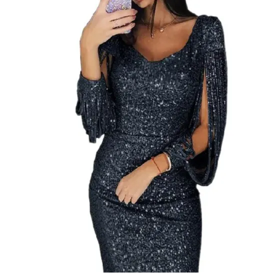 Vestito Paillettes Donna Elegante Party Cerimonia Manica Lunga Frange Scollo V Aderente