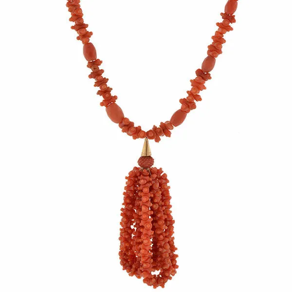 Victorian Natural Carved Coral Beaded Tassel Necklace